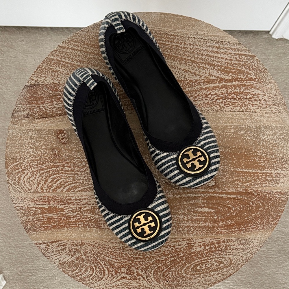 Tory Burch Navy and White Striped Flats